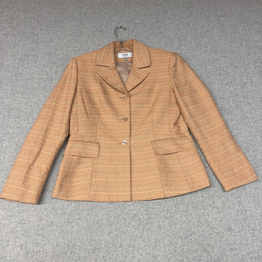 Le Suit Petite Blazer Jacket 8P Orange Tan Tweed Textured 3-Button Career Work